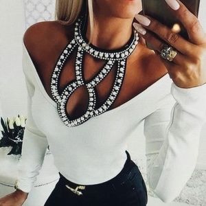 Beaded Patchwork Long Sleeve Blouse
